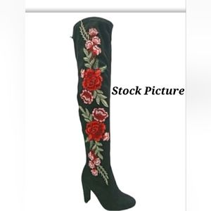 Black/Red Floral Knee High Boot